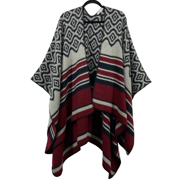 indigo soul Sweaters - Indigo Soul Womens OS Poncho Wrap Red Navy Blue Southwestern Geometric Striped